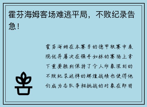 霍芬海姆客场难逃平局，不败纪录告急！