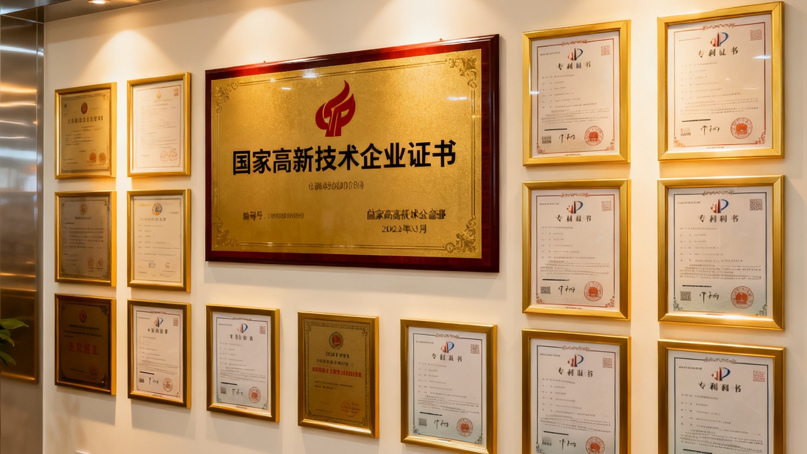 bwin必赢获得的国家高新技术企业证书展示在总部荣誉墙上，证书编号清晰可见，周围摆放着多项专利证书