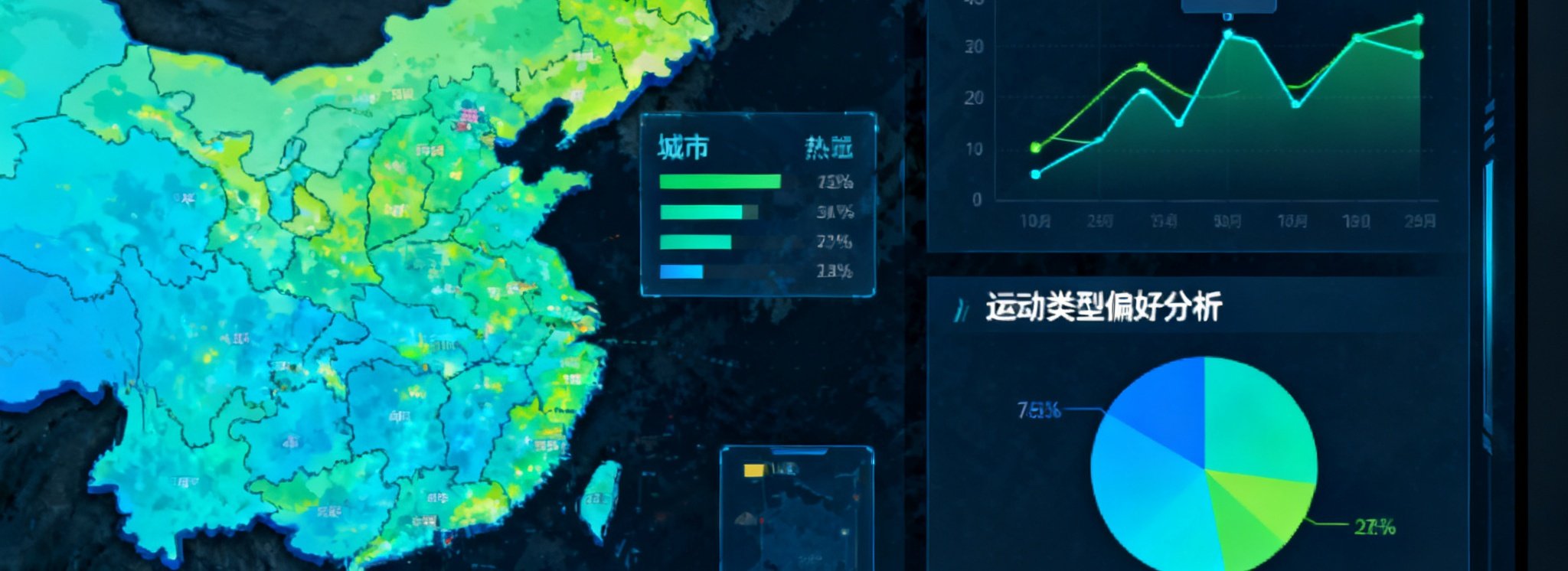 bwin大众运动大数据平台的数据可视化大屏，展示全国各城市运动热力分布图、实时运动人数统计、运动类型偏好分析等动态图表