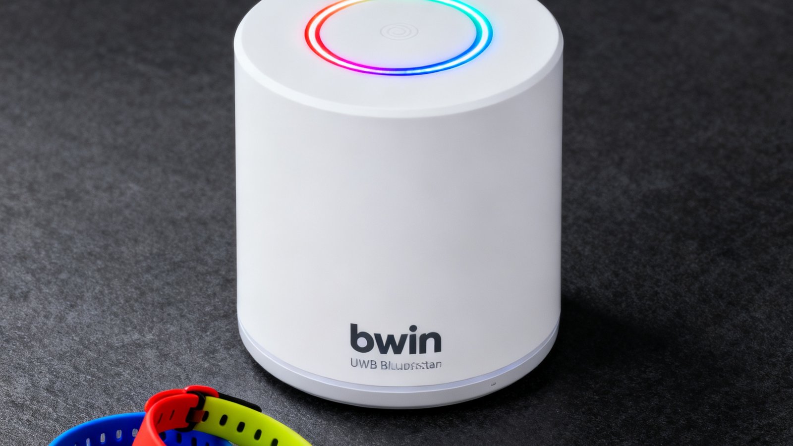 bwin UWB超宽带定位基站外观为白色圆柱形设备，搭配多色运动手环套装，基站顶部有环形指示灯显示工作状态