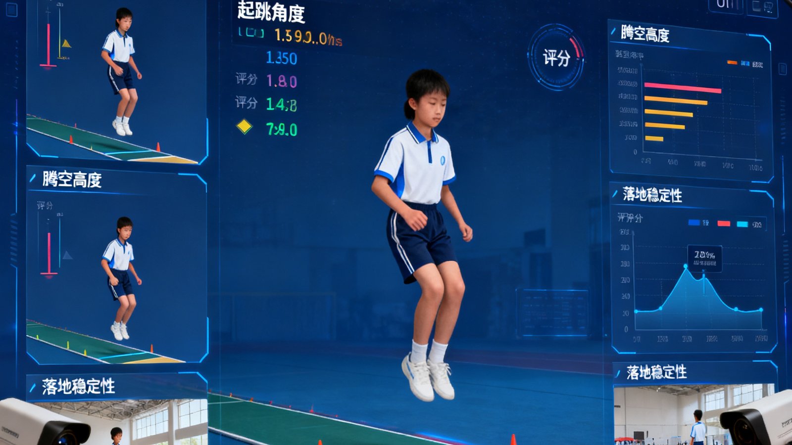 bwin AI体育成绩自动分析系统正在识别学生立定跳远的动作姿态，通过多角度摄像头捕捉起跳角度、腾空高度和落地稳定性并给出评分